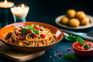 Spaghetti mit Tomate, Basilikum und Fleischklößchen im ein Schüssel. KI-generiert foto