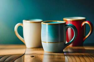 drei Kaffee Tassen auf ein hölzern Tisch. KI-generiert foto