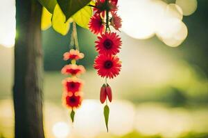 rot Blumen hängend von ein Baum. KI-generiert foto