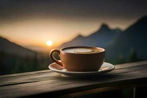 ein Tasse von Kaffee auf ein Balkon mit Blick auf das Berge. KI-generiert foto