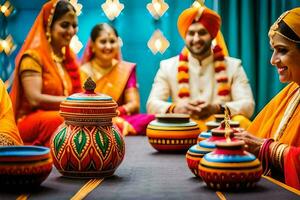 indisch Hochzeit Zeremonie mit ein traditionell indisch Hochzeit. KI-generiert foto