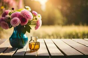 Blumen im ein Vase auf ein Tisch. KI-generiert foto