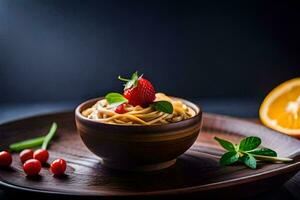 Pasta mit frisch Erdbeeren und Minze auf ein hölzern Platte. KI-generiert foto