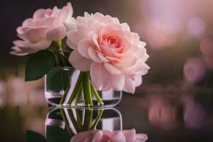 zwei Rosa Rosen im ein Glas Vase. KI-generiert foto