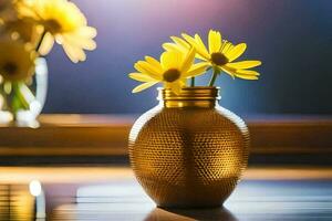Gelb Blumen im ein Gold Vase auf ein Tisch. KI-generiert foto
