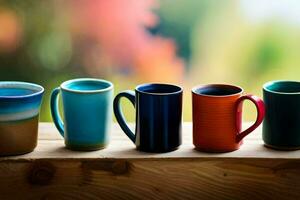 fünf anders farbig Tassen Sitzung auf ein hölzern Tisch. KI-generiert foto