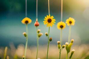 Gelb Blumen hängend von Saiten im das Gras. KI-generiert foto