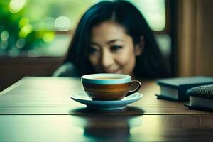 ein Frau ist lächelnd während Sitzung beim ein Tabelle mit ein Tasse von Kaffee. KI-generiert foto