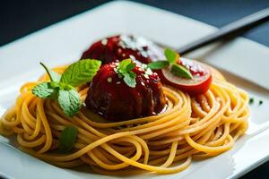 ein Teller von Spaghetti mit Fleischklößchen und Soße. KI-generiert foto