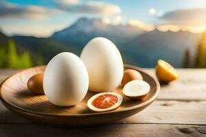 Eier und Orangen auf ein hölzern Tisch. KI-generiert foto