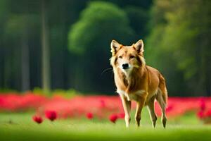 ein Hund ist Stehen im ein Feld von rot Blumen. KI-generiert foto