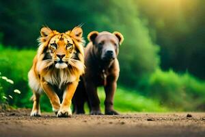 zwei Tiger Gehen auf ein Schmutz Straße. KI-generiert foto