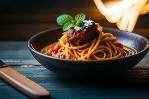 ein Schüssel von Spaghetti mit Fleisch und Tomate Soße. KI-generiert foto