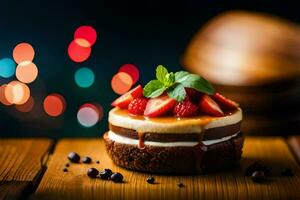 ein Schokolade Kuchen mit Erdbeeren und Schokolade Nieselregen. KI-generiert foto