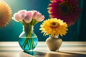 zwei Vasen mit Blumen im Sie auf ein Tisch. KI-generiert foto