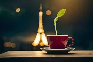 ein Kaffee Tasse mit ein Pflanze im Vorderseite von das Eiffel Turm. KI-generiert foto