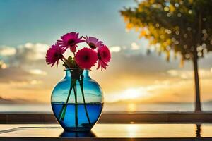 ein Vase mit Blumen auf ein Tabelle im Vorderseite von das Sonnenuntergang. KI-generiert foto