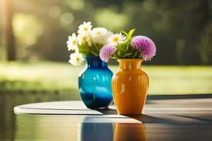 zwei Vasen mit Blumen Sitzung auf ein Tisch. KI-generiert foto