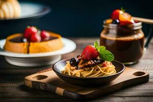 ein Teller von Pasta mit Erdbeeren und ein Schüssel von Schokolade Pudding. KI-generiert foto