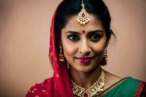 ein schön indisch Frau tragen ein rot Sari und Gold Schmuck. KI-generiert foto