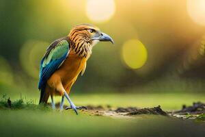 ein bunt Vogel Stehen auf das Boden. KI-generiert foto