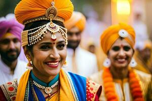 ein Braut im indisch Kleidung mit ihr Familie. KI-generiert foto