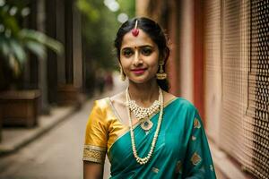 ein Frau im ein traditionell Sari posiert zum ein Foto. KI-generiert foto