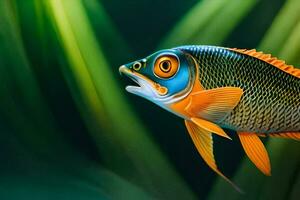 ein Fisch mit hell Orange Augen und Blau Flossen. KI-generiert foto