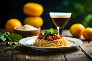 Spaghetti mit Fleisch und Gemüse auf ein Platte. KI-generiert foto