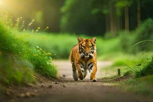 ein Tiger Gehen Nieder ein Schmutz Straße im das Wald. KI-generiert foto