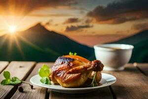 Hähnchen auf ein Teller mit ein Tasse von Kaffee auf ein hölzern Tisch. KI-generiert foto