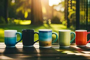 fünf bunt Kaffee Tassen auf ein hölzern Tisch. KI-generiert foto