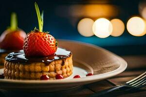 ein Dessert mit Erdbeeren und Schokolade auf ein Platte. KI-generiert foto