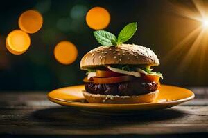 ein Hamburger auf ein Teller mit ein Blatt auf oben. KI-generiert foto