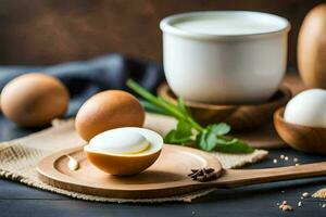 Eier und Milch auf ein hölzern Tafel. KI-generiert foto