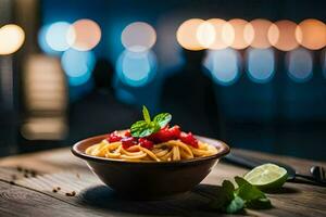 ein Schüssel von Pasta mit Tomate Soße und Minze Blätter auf ein hölzern Tisch. KI-generiert foto