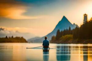 ein Mann Paddel seine Kanu auf ein See beim Sonnenuntergang. KI-generiert foto