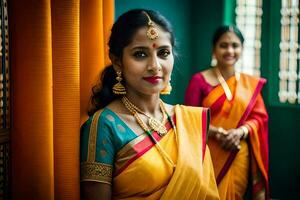 zwei Frauen im traditionell Saris Stehen im Vorderseite von ein Grün Vorhang. KI-generiert foto