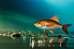 ein Fisch ist Stehen auf das Wasser mit ein hell Licht hinter Es. KI-generiert foto