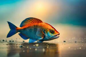 ein Fisch ist Gehen auf das Strand mit ein hell Sonne. KI-generiert foto