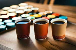 Kaffee Tassen auf ein Tabelle mit bunt Tassen. KI-generiert foto