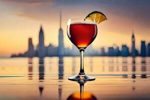 ein Glas von rot Wein mit ein Stadt Horizont im das Hintergrund. KI-generiert foto
