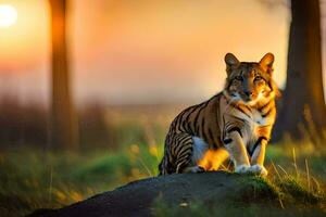 ein Tiger Sitzung auf ein Felsen im das Sonnenuntergang. KI-generiert foto