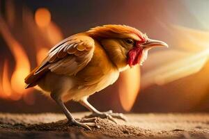 ein Hähnchen ist Stehen auf ein Sand Boden. KI-generiert foto