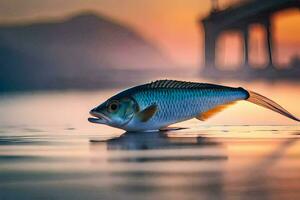 ein Fisch ist Schwimmen im das Wasser in der Nähe von ein Brücke. KI-generiert foto