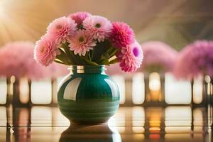 ein Vase gefüllt mit Rosa Blumen Sitzung auf ein Tisch. KI-generiert foto