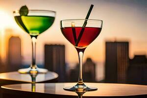 zwei Cocktails sitzen auf ein Tabelle im Vorderseite von ein Stadt Horizont. KI-generiert foto