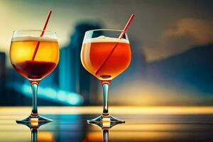 zwei Brille von Alkohol mit rot Strohhalme auf ein Tisch. KI-generiert foto