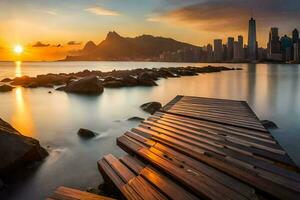 das Sonne setzt Über das Stadt von Rio de Janeiro, Brasilien. KI-generiert foto