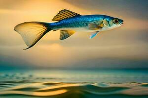 ein Fisch ist fliegend Über das Ozean beim Sonnenuntergang. KI-generiert foto